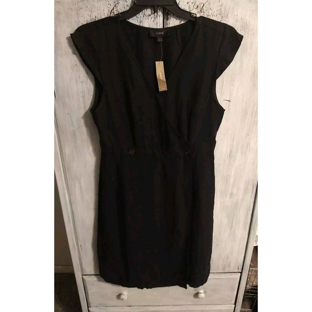 J Crew Linen  Cap Sleeve Knee Length Dress Blk 14 Nwt Boho Feminine Cottage Core